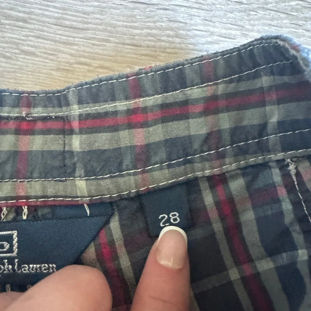 Y2K Polo Ralph Lauren Plaid Cargo Board Shorts Mens 28 Navy Blue Red Swim Trunks